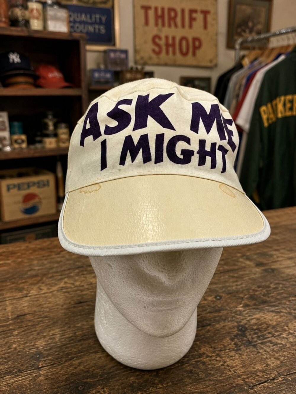 Vintage Unisex Baseball Cap White Canvas Purple Text "Ask Me I Might" Adjustable